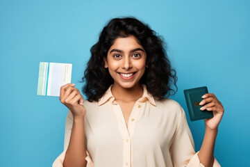 Young and excited woman showing passport. travel concept.