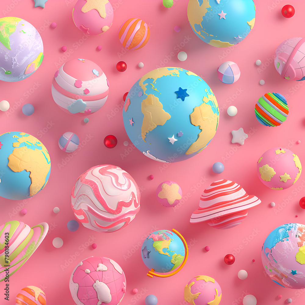 Poster a colorful array of planets and stars are scattered across a pink background. the planets are of var