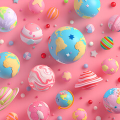 Fototapeta na wymiar A colorful array of planets and stars are scattered across a pink background. The planets are of various sizes and colors, with some being larger and others smaller. Generative AI