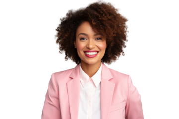 Portrait of beautiful African American Business woman wear bright suit and shirt posing with smart and confidence isolated on transparent png background.