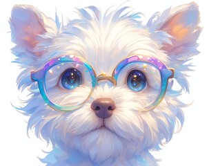 A dog with colorful glasses on a white background in the style of a colorful splash painting. The style uses white and blue colors with a cute cartoon dog