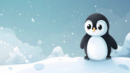 Cute Pinguin illustration, Penguin sitting on ice in cold polar winter, Carton art