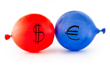 Red and blue bubble with currency symbols