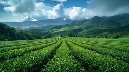 Fototapeta na wymiar Green tea field, , Tea Plantation with blue sky at Chiangrai, Thailand.