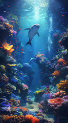 Fototapeta premium Vibrant aquarium teeming with colorful fish. Generative AI