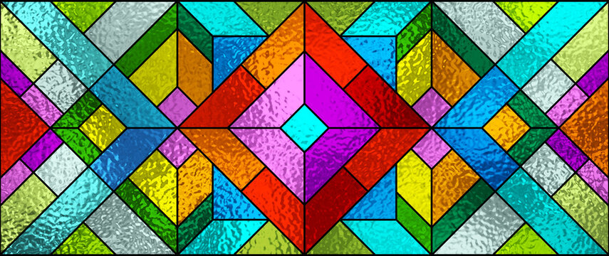 Stained glass window. Seamless geometric colorful stained-glass background. Art Deco decor for interior. Multicolor abstract pattern. Transparency. Art template for design luxury modern interior.