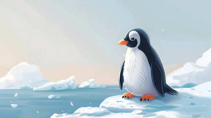 Obraz premium Cute Pinguin illustration, Penguin sitting on ice in cold polar winter, Carton art