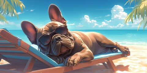 A French Bulldog wearing sunglasses lounging on the beach in an outdoor sunbed, enjoying summer vibes and sunny weather. - obrazy, fototapety, plakaty