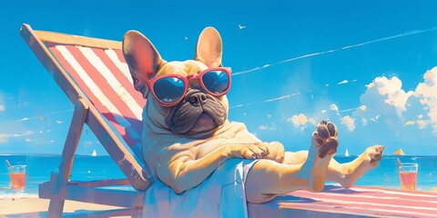 A French Bulldog wearing sunglasses lounging on the beach in summer, sitting on sunbeds with its paws hanging over the edge of the chair.  - obrazy, fototapety, plakaty