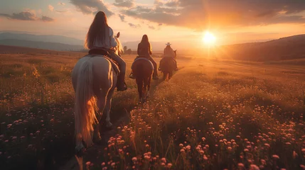 Foto op Aluminium Group of people riding horses through a field. Generative AI © MakeVector