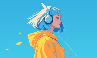 A girl with blue hair and headphones, wearing a yellow hoodie is listening to music. A simple flat illustration in pastel colors. 