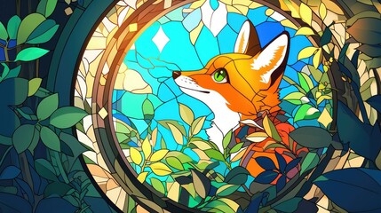 Naklejka premium Imagine a vibrant stained glass window featuring a cheerful cartoon fox set against a backdrop of a clear blue sky and lush green leaves all enclosed within a dazzling frame