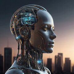 neuro nerve artificial intelligence robot man technology human face skin and city building background
