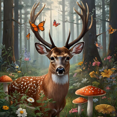 realistic portrait of a deer in a Scandinavian fairytale forest with butterflies 