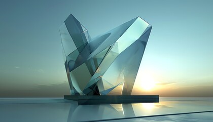 Craft a stylized interpretation of a glass sculpture seen from a dramatic tilted angle view using voxel art Show the sharp angles and smooth curves of the glass, emphasizing the contrast between trans - obrazy, fototapety, plakaty