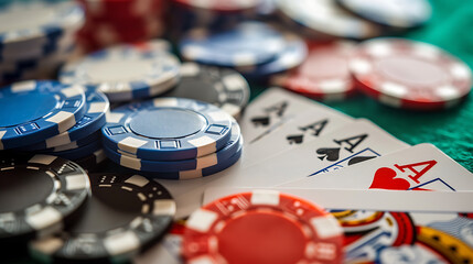 Poker chips and cards on green casino table closeup. Gambling concept