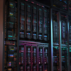 server rack in a data center with computing servers and network simple with cool lightings