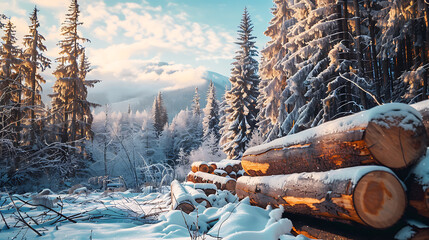 Wooden logs in the snow in the Carpathian mountains. - obrazy, fototapety, plakaty