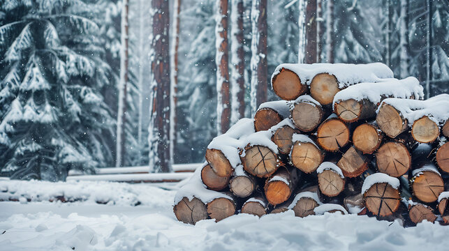 Pile of firewood in the winter forest. Winter landscape.