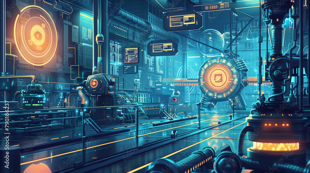 Poster a futuristic cityscape with a large glowing orb in the center. the city is filled with robots and ot