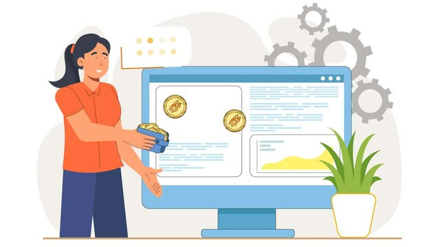 Virtual Bitcoin Wallet Concept with Smiling Woman