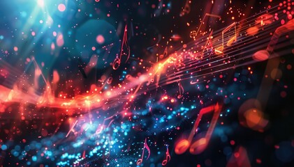 Abstract background with flying and glowing music notes in the air, copy space for text - obrazy, fototapety, plakaty