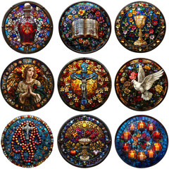 Fototapeta premium Set of round stained glass windows for the Catholic Eucharist communion ceremony. Christianity and religious art concept. Renaissance illustration for set, collection, sticker, decor, design elements 