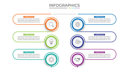 Business infographic thin line process with square template design with icons and 6 options or steps. Vector illustration.