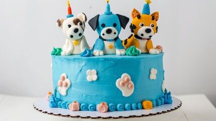 Three dogs on blue cake with candles