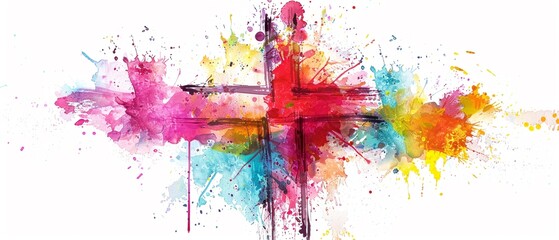 Abstract watercolor cross with splashes of vibrant colors - obrazy, fototapety, plakaty
