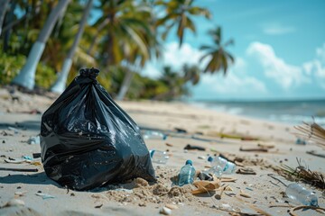 Tropical beach blighted by plastic pollution, urgent need for environmental cleanup. Concept of protecting paradise from waste - 790186682