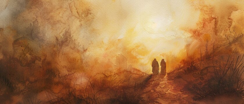 Artistic watercolor depiction of the path to Emmaus