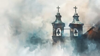Watercolor church bells in a soft fog - obrazy, fototapety, plakaty