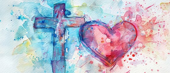 Watercolor heart enclosing a cross