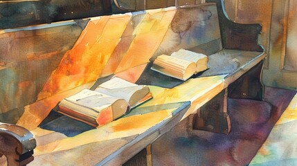 Watercolor illustration of hymnals on a church bench