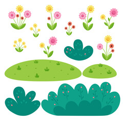 Vector elements grass, flowers, bushes for design on a white background.