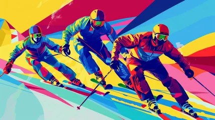 Foto op Plexiglas Three skiers in colorful outfits race down a mountain. © Naris
