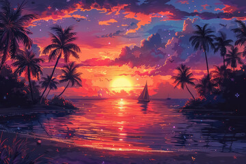 Fototapeta na wymiar majestic sunset over tropical island with silhouetted palm trees and calm ocean