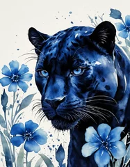 Deurstickers Watercolour portrait of a black panther with blue flowers © nataliyalatynina