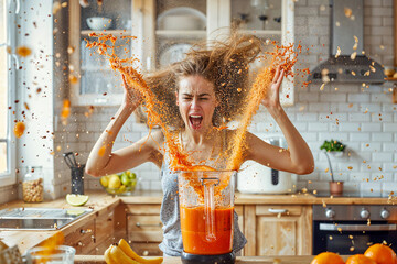 Woman splashed by smoothie spraying out from open blender, home cooking DIY fail, aggravation