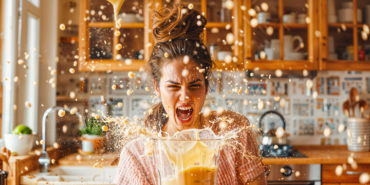 Woman splashed by smoothie spraying out from open blender, home cooking DIY fail, aggravation, wide