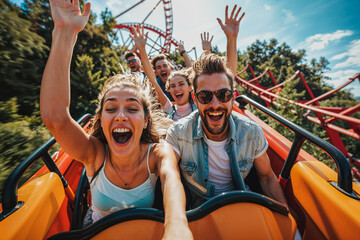 People on a roller coaster thrill ride, theme park, amusement, summer fun, vacation