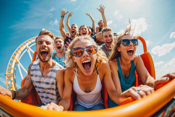 People on a roller coaster thrill ride, theme park, amusement, summer fun, vacation