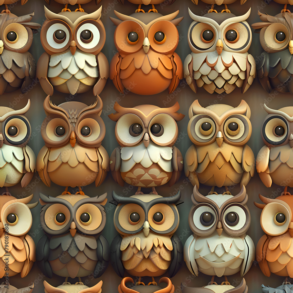 Aufkleber a row of owls with different colors and sizes. the owls are all looking at the camera. generative ai