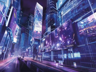 Futuristic cityscapeholographic billboards at night - Technology and urban skyline reflection. - obrazy, fototapety, plakaty