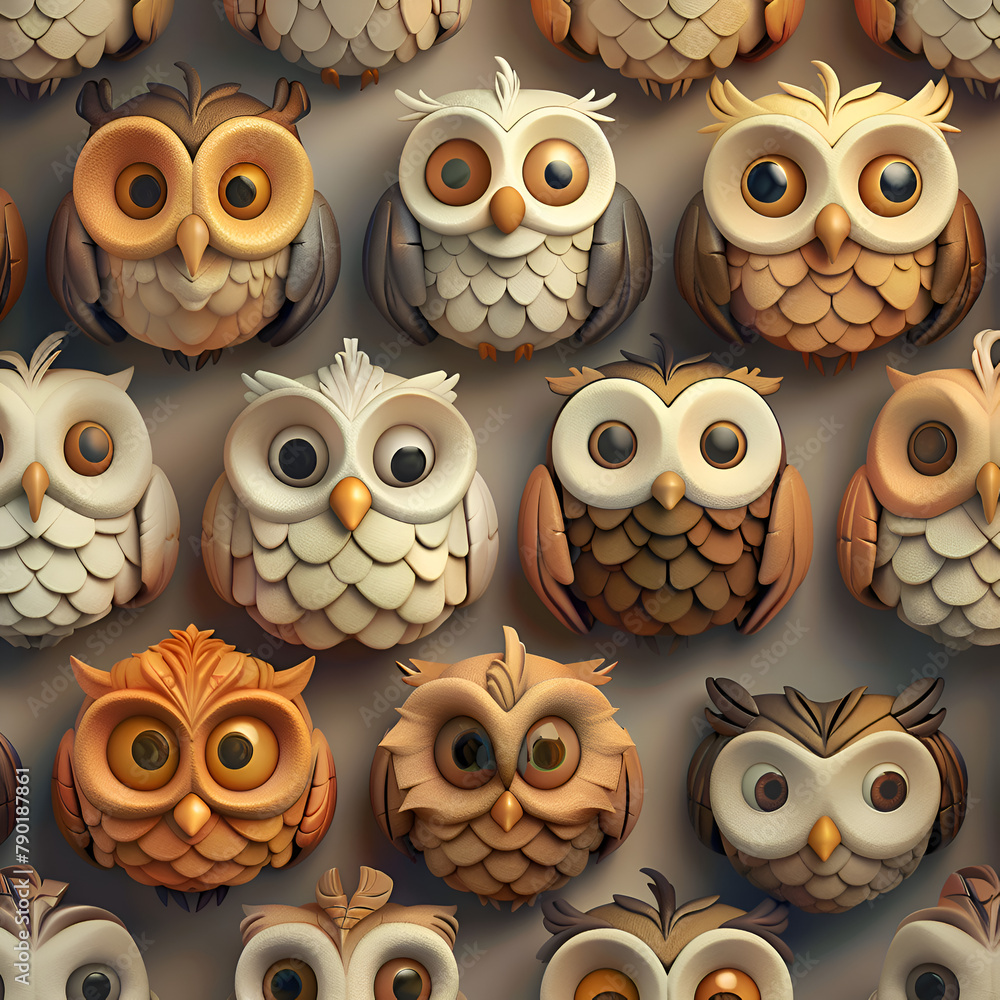 Aufkleber a row of owls with different colors and sizes. the owls are all looking at the camera. generative ai