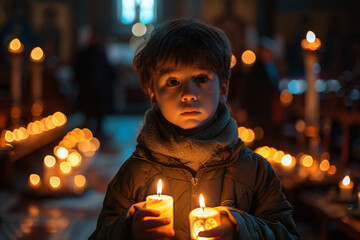 Little boy holding burning candle on church. Child lights a candle in a chapel. Happy Easter, Christmas. Ascension Day, Trinity Sunday
