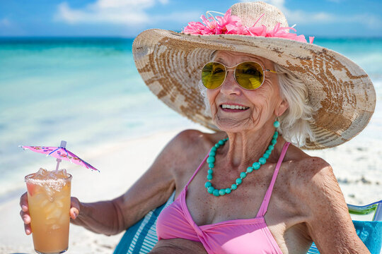Senior citizen woman in a bikini with a cocktail drink on the sunny tropical beach, vacation, tropical, retirement, travel - Powered by Adobe