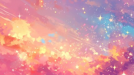 Immerse yourself in a whimsical world of fantasy with a holographic illustration awash in pastel hues featuring a charming cartoon girly backdrop against a vibrant multi colored sky adorned  - obrazy, fototapety, plakaty