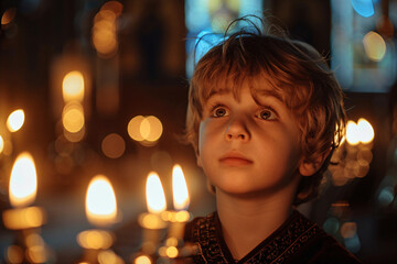 Little boy holding burning candle on church. Child lights a candle in a chapel. Happy Easter, Christmas. Ascension Day, Trinity Sunday